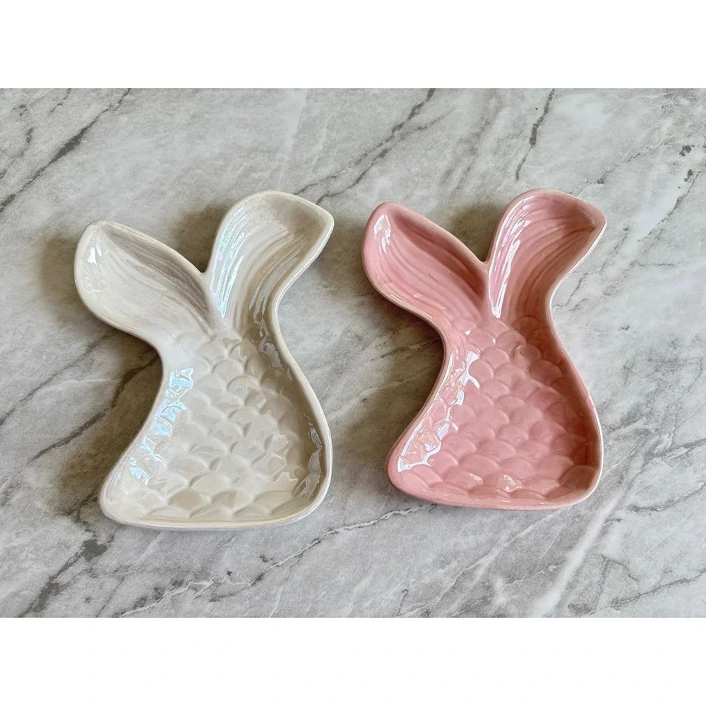 Greenbrier‎ Mermaid Tail Trinket Dish Set OS Pink White Excellent Coastal Decor